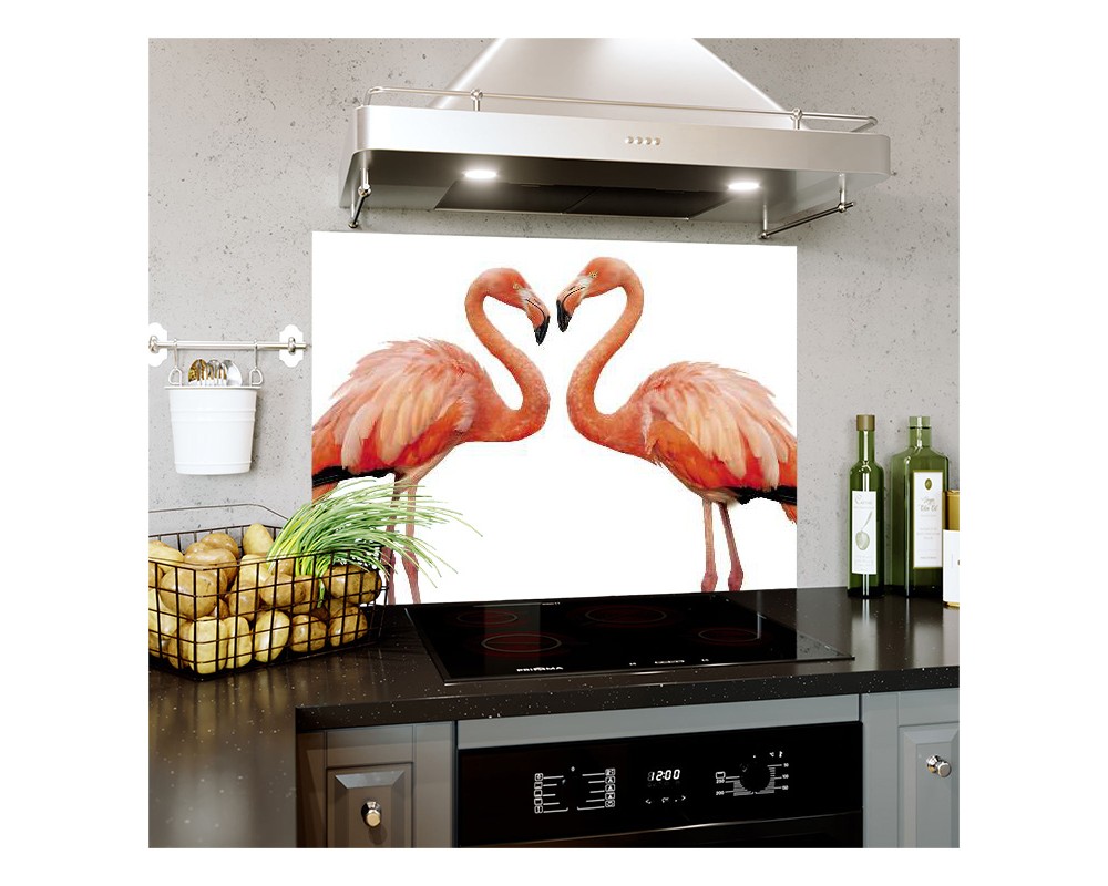 Panou bucatarie, protectie plita, aragaz, antistropire, print UV model Flamingo Pasari de Dragoste 60x60 cm Decoglass